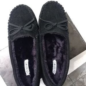 Woman furry warm moccasin faux suede flat loafer c